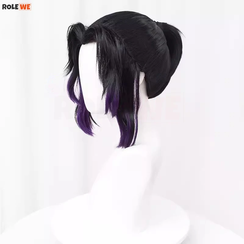 Wig Cosplay Anime Kochou Shinobu, Wig Halloween hitam, ungu, gradien tahan panas, rambut sintetis + topi Wig