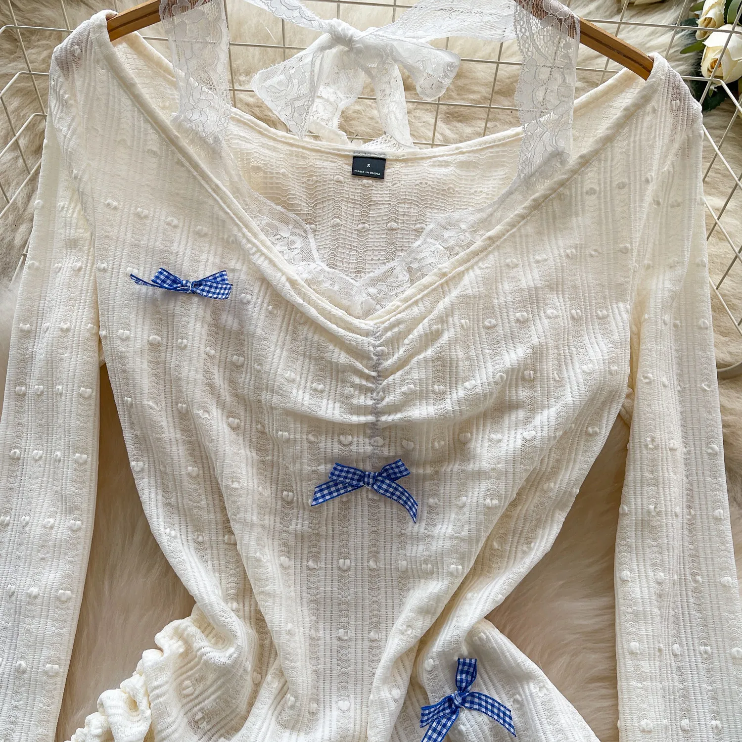 2026年春 韓国風 ルーズ レースアップ プルオーバー ウエストシェイプ フェイクツーピース トップス レディース ボウレース スプライシング 長袖トップス