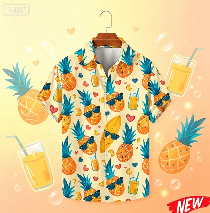2026 Men Spring Summer Lapel Aloha Shirts Street  Fashion Fruit Orange Graphic Hawaiian Shirt  Oversized Short Sleeve Shirt