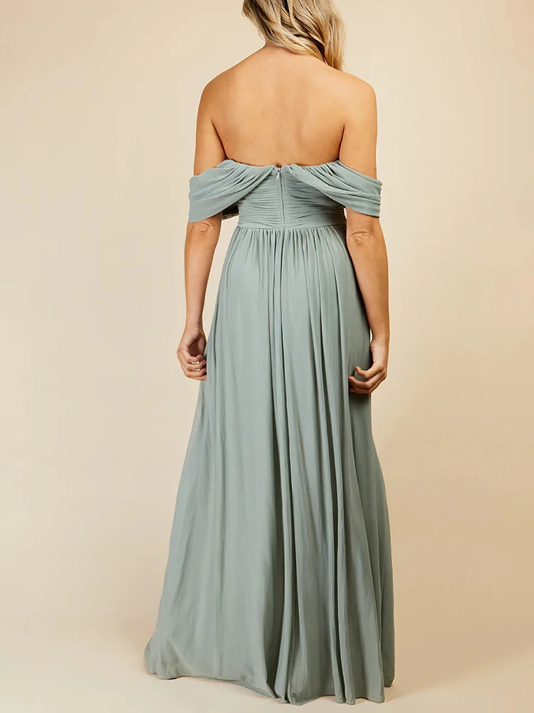 BLUEPLUM Luxury Off-shoulder Green Chiffon Bridesmaid Dress Women A-Line Slit Evening Party Gown Cocktail Maxi Prom Dresses