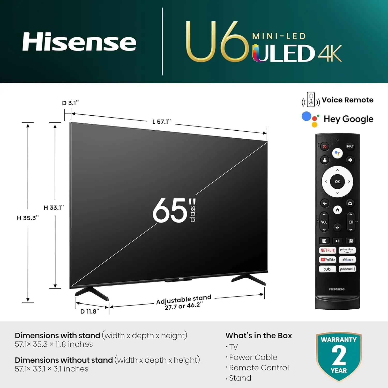 تلفزيون Google الذكي من سلسلة U6 مقاس 65 بوصة Mini-LED ULED 4K UHD Google (65U6K) - QLED، تعتيم محلي كامل المصفوفة، Dolby Vision IQ،