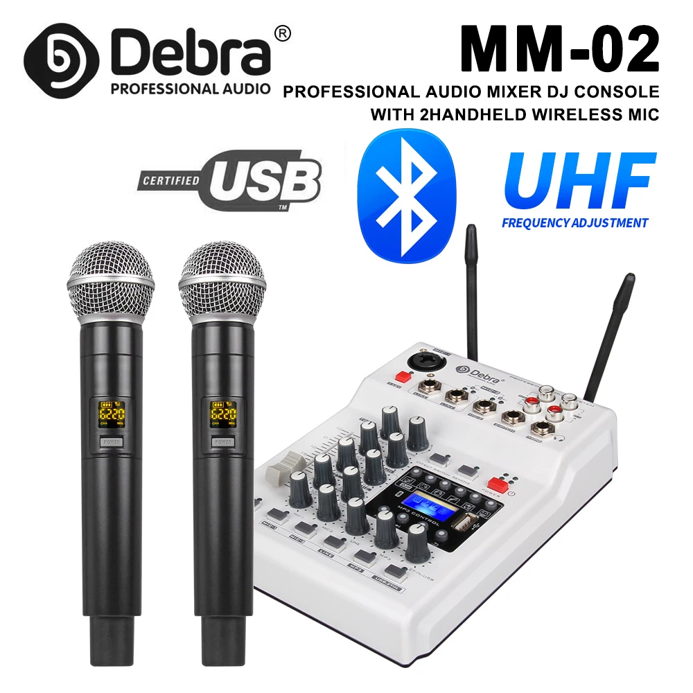 Debra MM-02 Dual-Channel Microphone DJ Console with +48V Wireless Microphone for Home Karaoke and Live Streaming