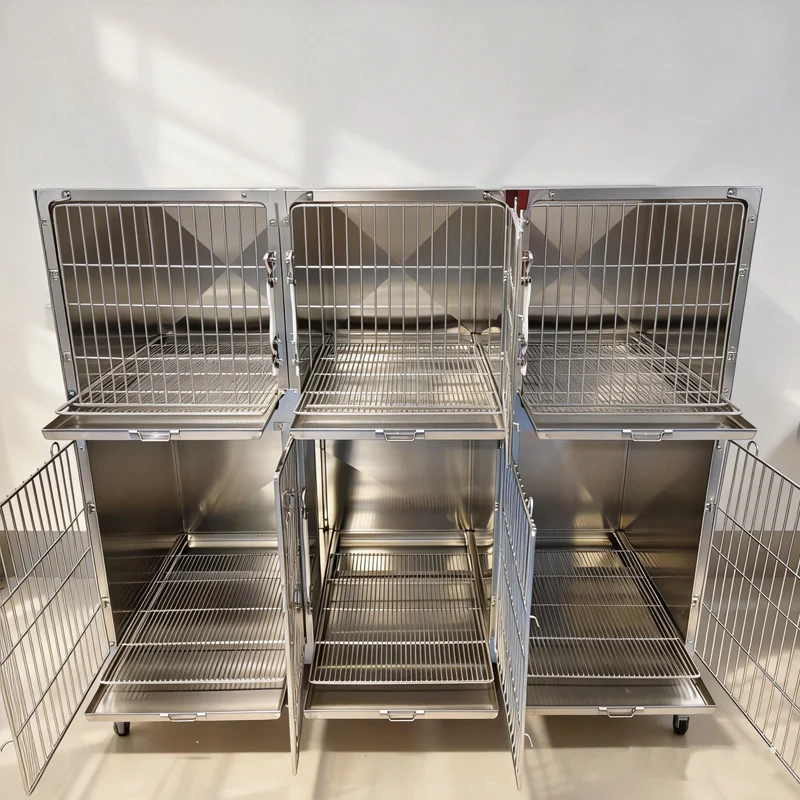 304 Stainless Steel Pet Hospital Cage Dog Cat IV Infusion Boarding Kennel Veterinary Clinic Animal Recovery Cage with Wheels