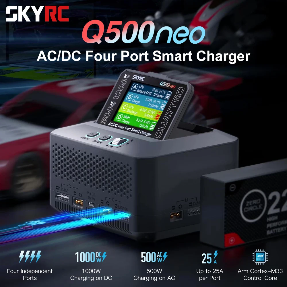 SKYRC Q500neo Charger 4×25A Ports 500W Discharge 16-bit ARM PID Adjustable Power Supply for LiPo LiFe Li-ion LiHV NiMH NiCd Pb