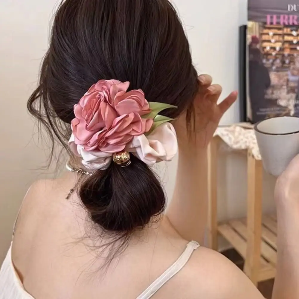 Trendy Pink Flower Hair Rope Bead Korean Style Sweet Scrunchies Headdress Hair Accessories Elastic Hair Tie Ponytail Holder