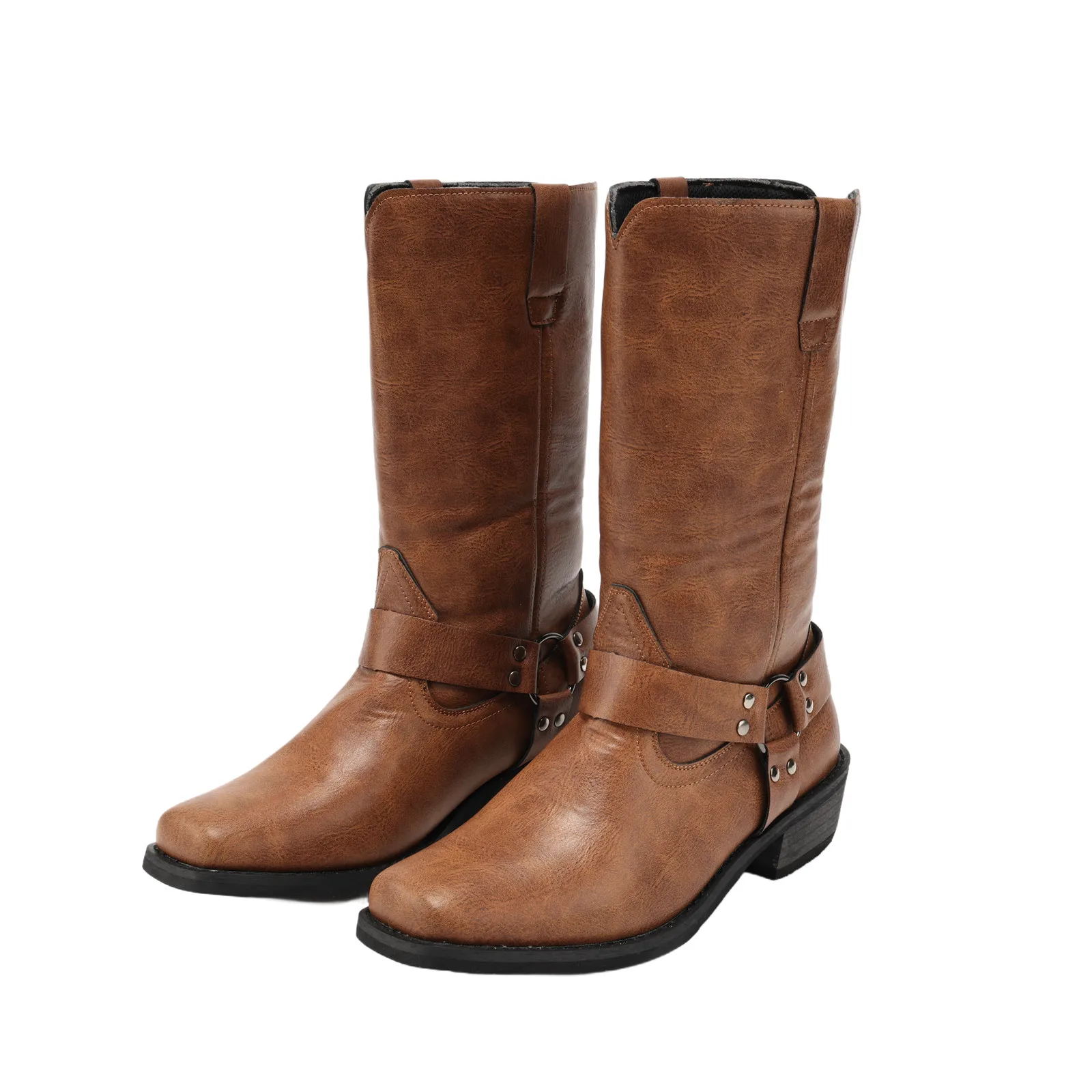Retro Cowboy Boots Men Mid Calf Western Boots Men Pu Leather Boots Men Slip On Shoes Winter Knight Booties Halloween Party 39-48