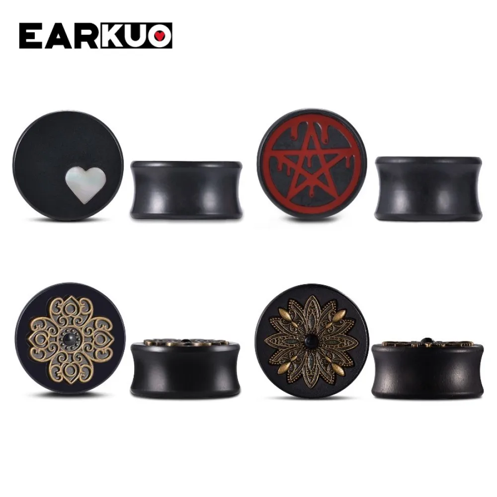 EARKUO Ear Plugs Tunnels Gauges Expanders Stretchers Wood Heart Shell Flower Jewelry Piercing 2PCS