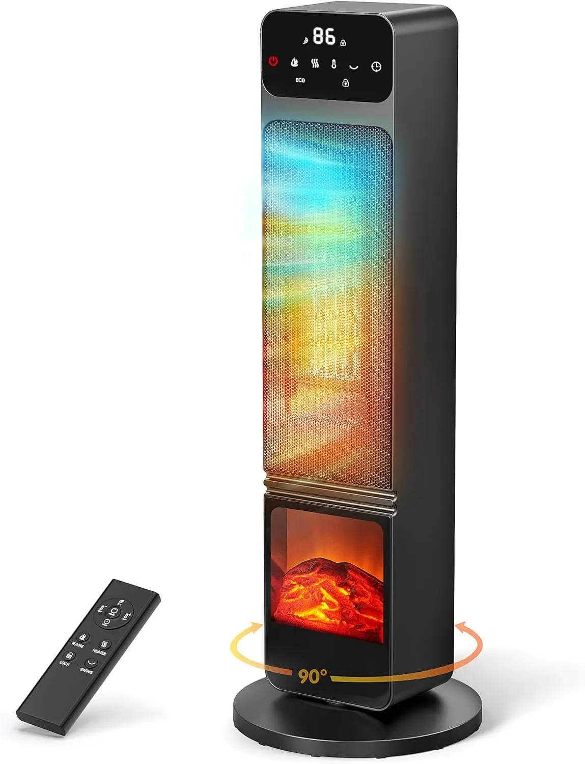 

750W/1500W Electric Fireplace Heater with 3D Flame, 90° Oscillation, Child Lock & Eco Mode, Remote Control for Home Office