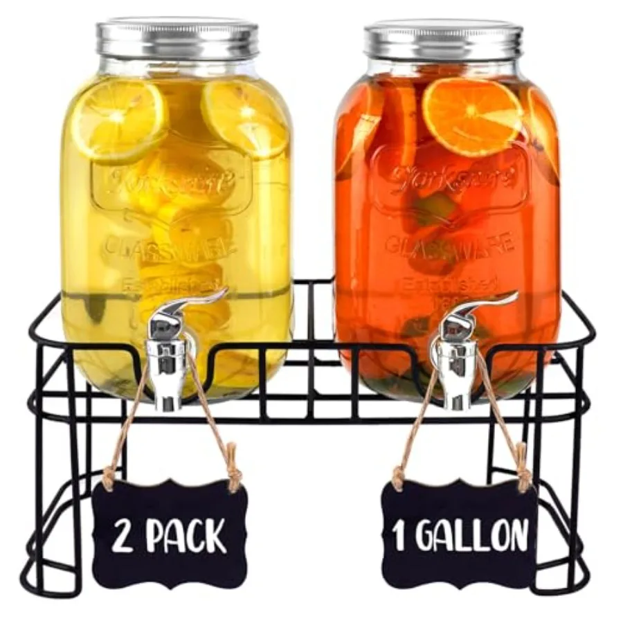 

2 Pack 1 Gallon Drink Dispenser with Stainless Steel Spigot, Sun Tea Glass Mason Jar for Outside, Iced Lemonade Beverage Dispen