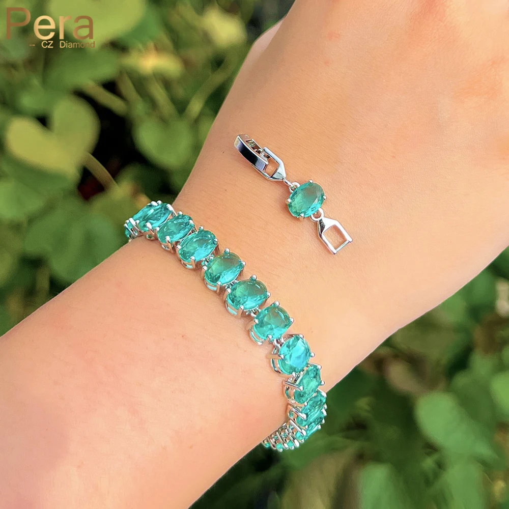 Pera Fashion Lake Green Crystal Women Daily Wear Jewelry Tennis Oval CZ Link Bracelets With Extension Clasp Hand Accessory B260