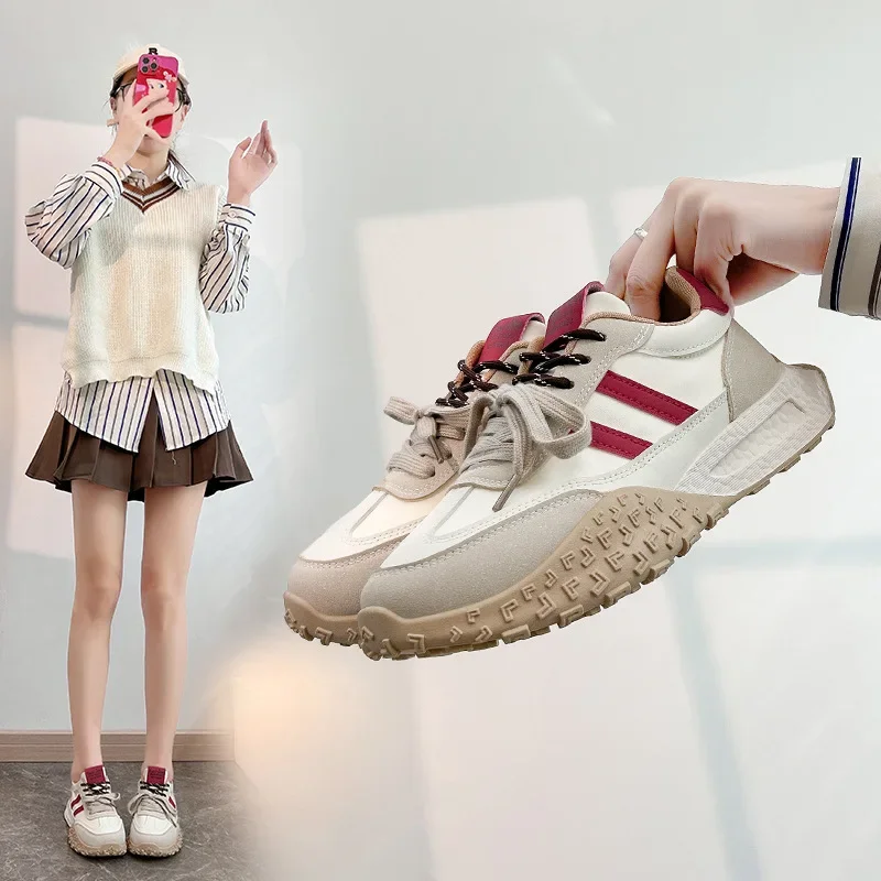 أحذية نسائية بنعل سميك، أحذية رياضية صيفية كاجوال من الجلد المرقعة، أحذية مفلكنة كاجوال للنساء