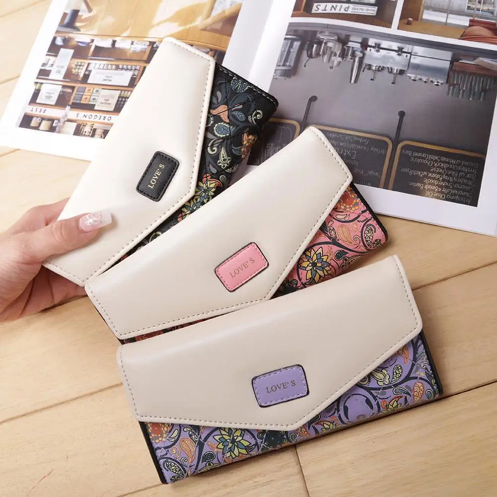

Floral Pattern Wallet Vintage Flower Rhombus Print Envelope Wallet with Capacity for Women Faux Leather Lady Purse with Firm