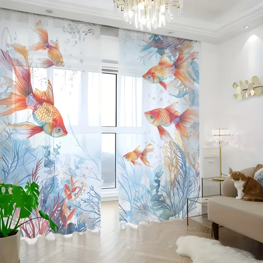 2PCS Digital Printed Sheer Curtain, Dreamy Goldfish Koi Print, Oriental Watercolor Aquatic for Living Room Bedroom Home Decor