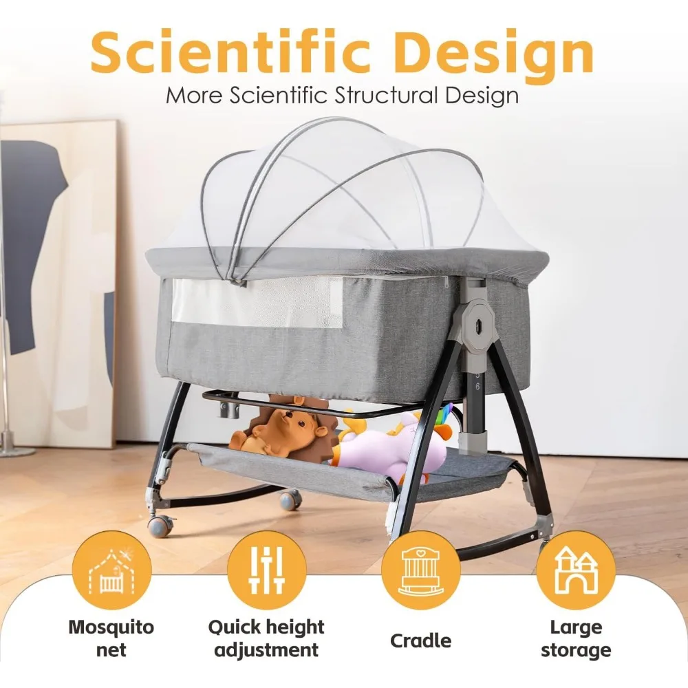 Bedside Crib 3 in 1 Bassinet with Quick Height Adjustment and Mosquito Nets Rocking Bassinet