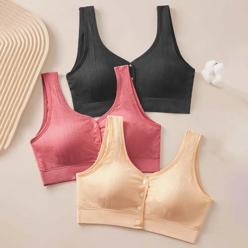 Simple Stripe Front Buckle Bra Breathable Beauty Back Women's Push Up Bra Plus Size Underwear Middle Aged Elderly Bra Gift