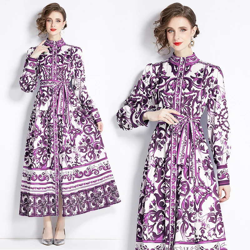 Faionable Court Sle Impresso Cercs Roxo Esmalte Botão Único Gola Inverno Thiened Feminino Dr Ordem Chinesa