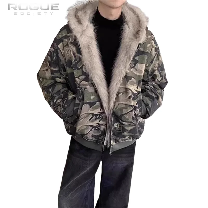 Vintage Washed Camouflage Faux Fur Hooded Jacket Men Edgy Loose Fit Thick Warm Side Pockets Streetwear Casual Winter Outerwear