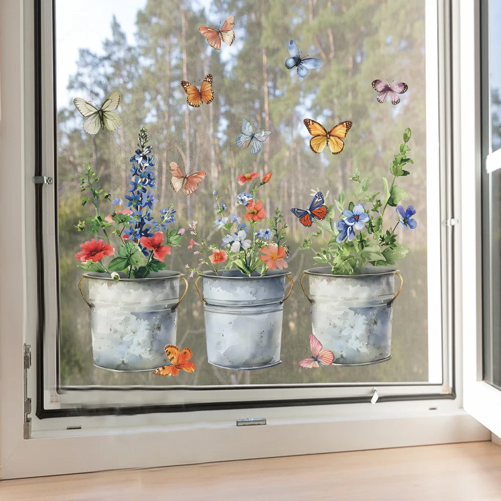 Pegatinas de pared de flores y mariposas de estilo rústico, polipropileno, calcomanías autoadhesivas para ventana para decoración del hogar, acabado brillante, Irr