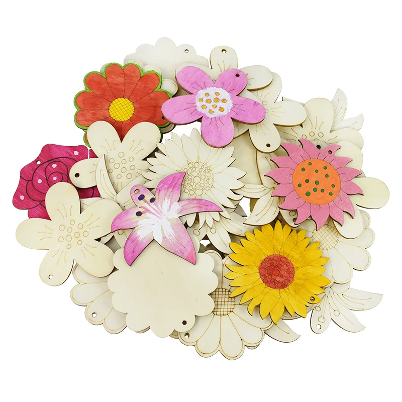 10pcs Unfinished Wooden Flower Blank Wood Slices DIY Painting Wooden Craft Ornaments Christmas Wedding Hanging Decoration
