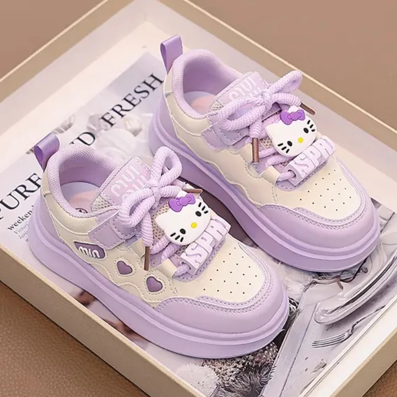 

Весенние новые прочные кроссовки с цветными блоками для девочек с рисунком Hello Kitty, универсальные повседневные прогулочные туфли на низком каблуке на плоской подошве