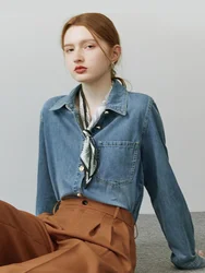 FSLE 2022 Winter Blue Soft Denim Shirt Outside Female Korean Loose Autumn Long Seeve Stacking V-Neck Casual Women Shirt