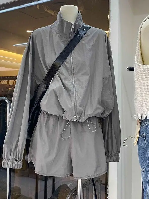 

American Casual Women's Spring Sport Style Sun Protection Clothing Set High Waist Short Pants Long Sleeve Collared Outerwear