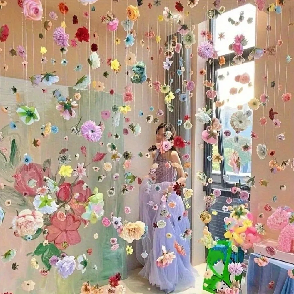 Bohemian Style Artificial Floating Flower Curtain Romantic Flower Backdrop Silk Flower Curtain Simulated Flower UV Resistant