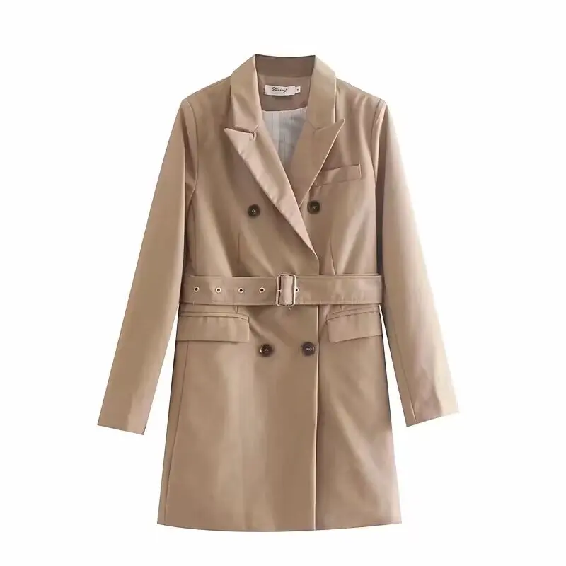 

Women Office Lady Long Suit Jacket Vintage Khaki Suit Coat Fashionable Outerwear Simple Solid Color Autumn Streetwear