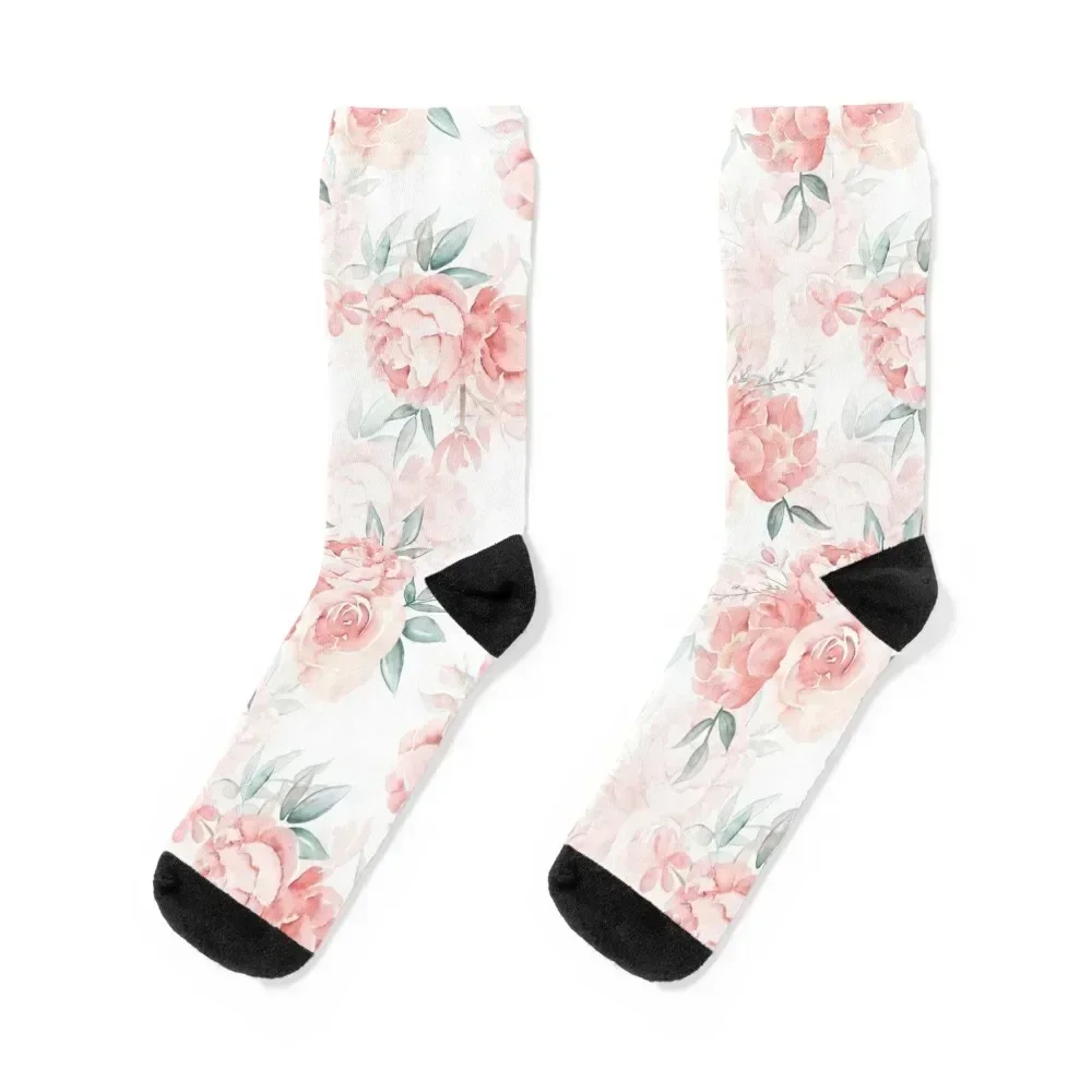 Watercolor hand drawn blush roses and peonies Botanical Garden on white Socks sport designer brand Socks For Men Women's