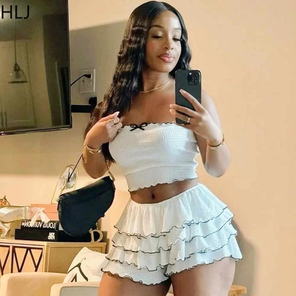 HLJ Y2K Fashion Sweet Ruffles Shorts Two Piece Sets For Women Bow Slim Tube And Stacked Shorts Outfits Sexy Female Streetwear