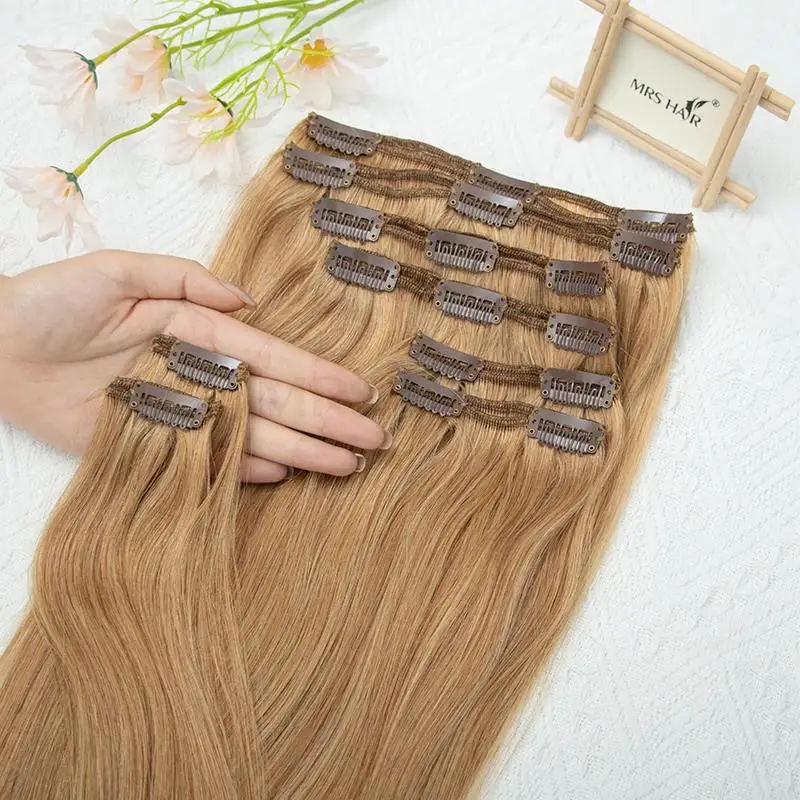 Light Brown #27 Clip In Extensions Real Natural Human Hair 7/8pcs Clip ins Full Head 14-24inches Add Volume Clip On Hairpieces