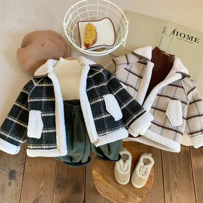 

Children's Winter Thicked Velvet Coat 2023 Autumn Winter Boys Girls Lamb Wool Zipper Plaid Outerwear Korean Kids Warm Jaclet