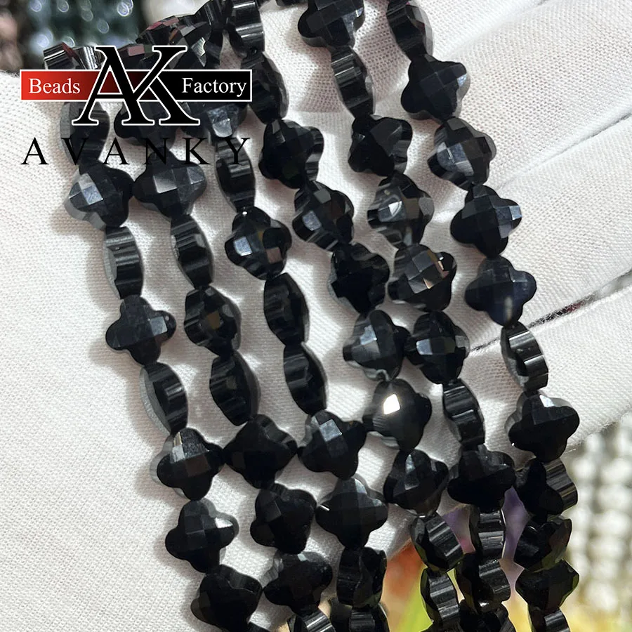 

Natural Black Agate Stone Clover Shape Beads Flower Faceted Jewelry Making DIY Necklace Bracelet Accessory 15'' 10mm