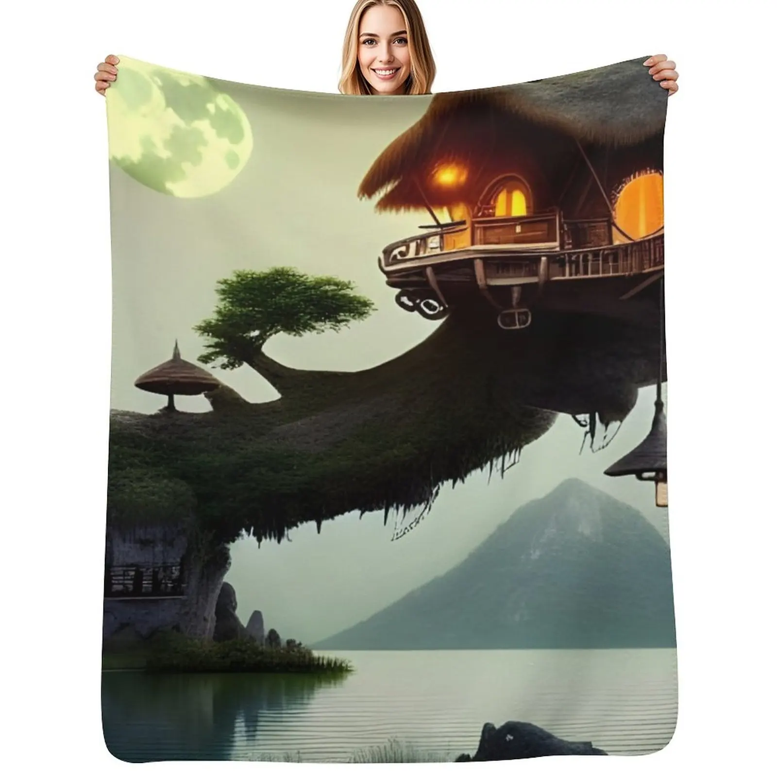 

Moonlit tree house generated by artificial intelligence Throw Blanket Flannel Fleece Soft Warm Throw Blanket
