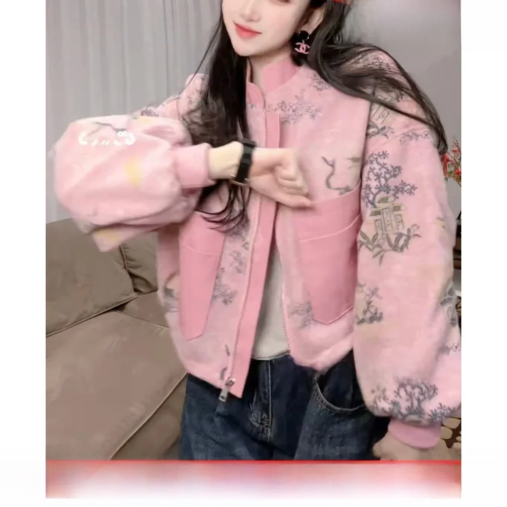 

Весна 20220. Женская модная верхняя одежда из овчины с принтом в стиле пэчворк и воротником-стойкой для похудения. Длинная молния C...