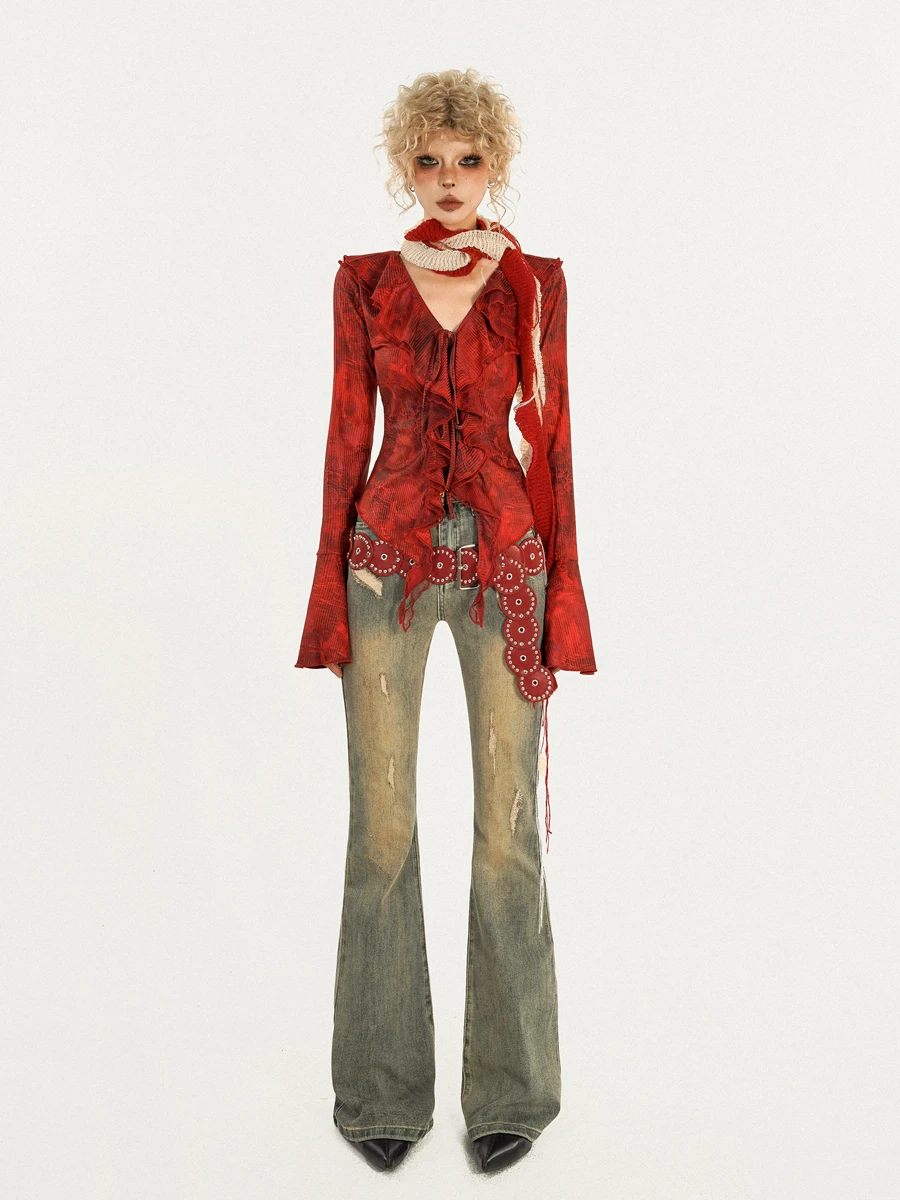 

Original Retro Spring Red Blouse Sashes V-neck Long Flare Sleeve Ruffles Gothic Punk Tie-dye Fairy Slim Blusas Shirt