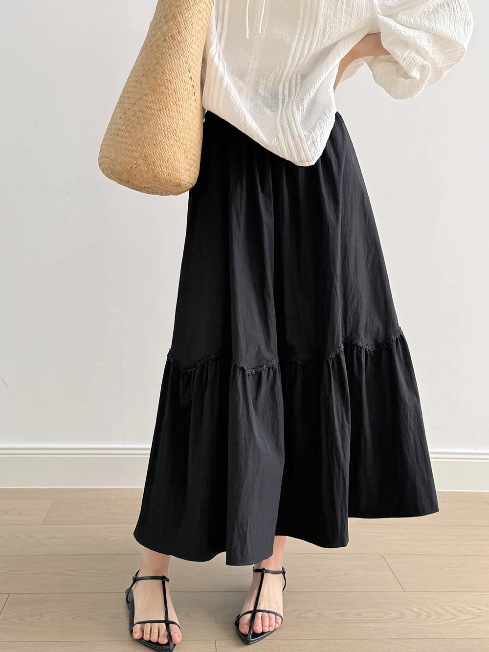 Französisch Stil Frauen Weiß Patchwork Rock Sommer Neue Hohe Taille Einfarbig Große Schaukel A-Line Vielseitig Langen Rock