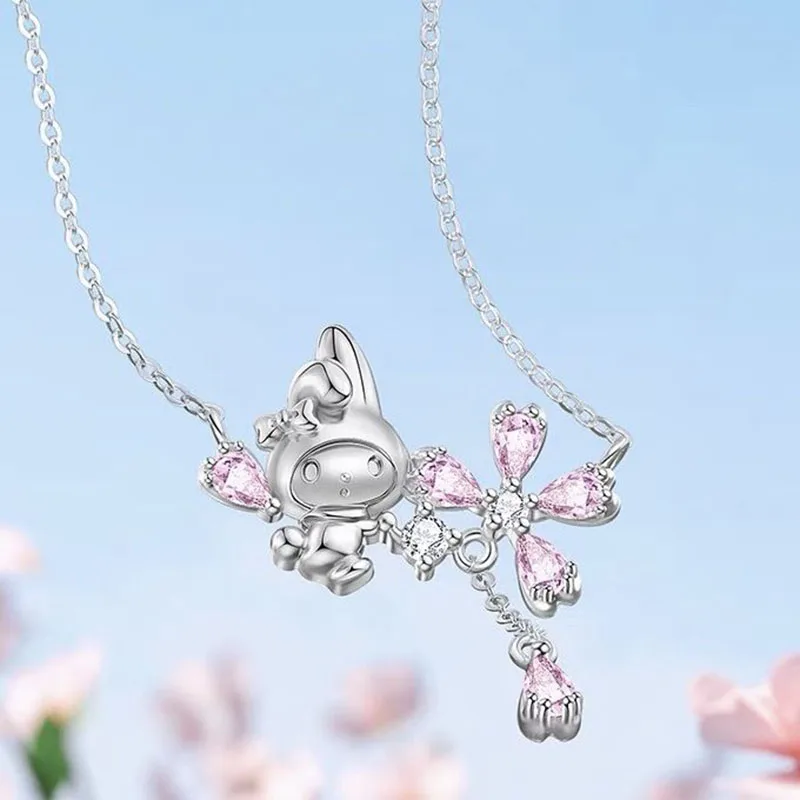 Mininstants Sanurgente My Melody Sakura Collier pour Femme, S925, Incrusté, Zunderes, Romantique, Dessin Animé Polyvalent, Mode Fille, Bijoux Cadeaux