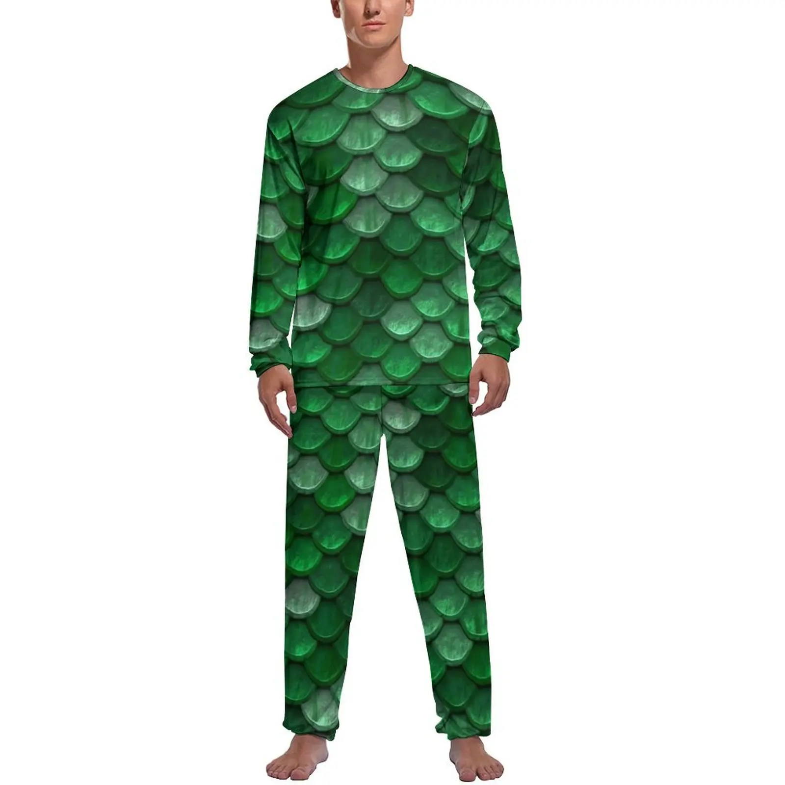 

Green Metallic Pajamas Colorful Fish Scales Men Long Sleeves Retro Pajama Sets 2 Pieces Bedroom Spring Pattern Nightwear Gift