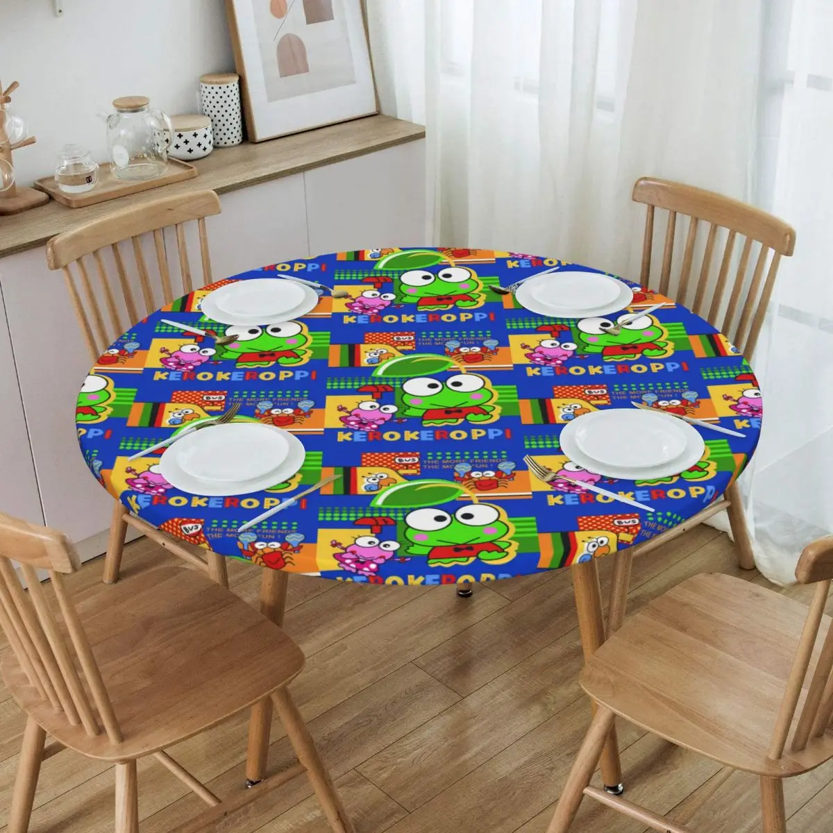 Round Fitted Cartoon Kero Kero Keroppi Sanrio Anime Table Cloth Waterproof Tablecloth Table Cover Backed with Elastic Edge