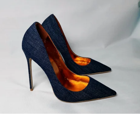 12cm 10cm 8cm Women Pumps Demin Jean Lady Dress Heels Pointed Toe Shallow Jeans Footwear Daily Nice Pumps Size45