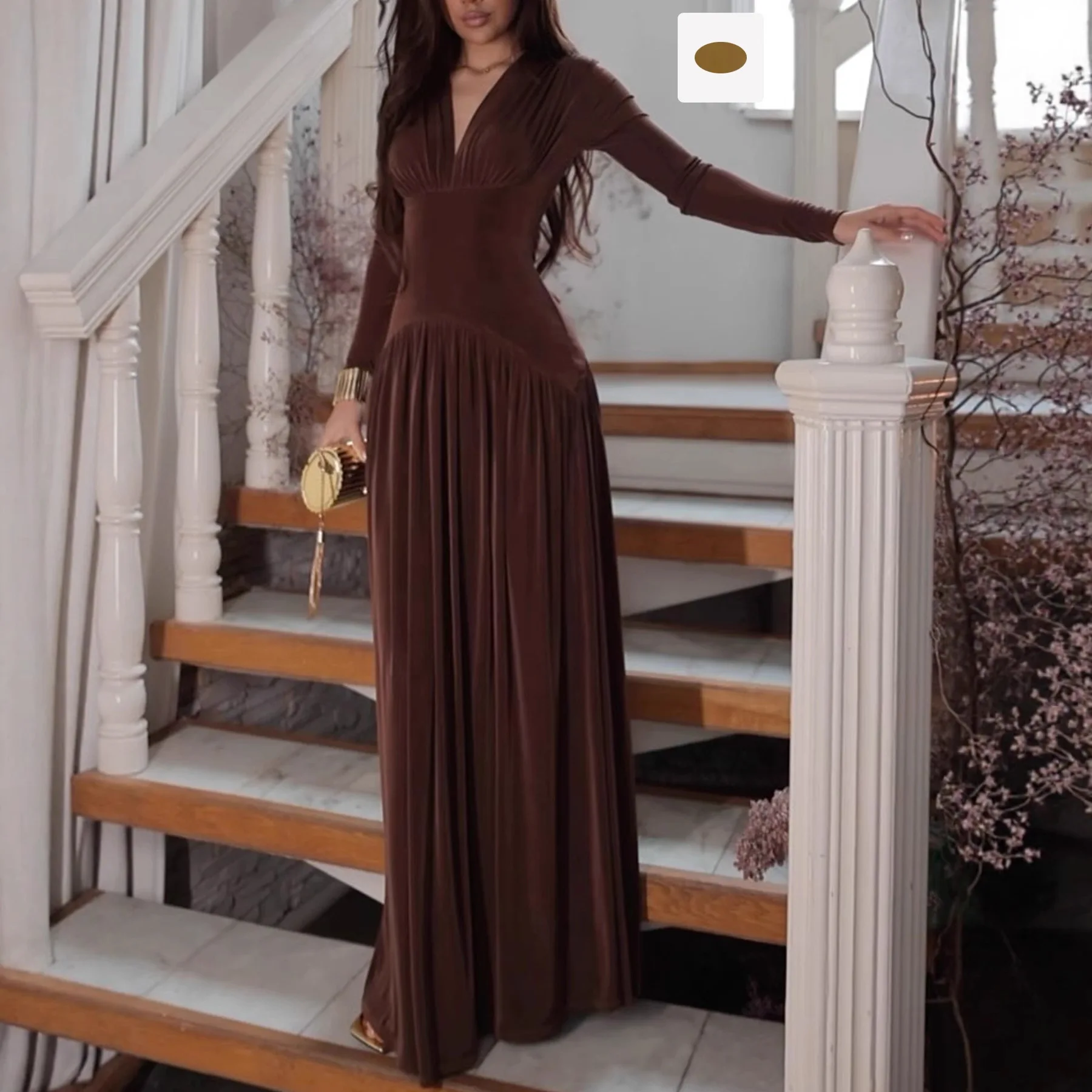

Autumn Winter Solid Color Velvet Dresses Women Fashion Elegant V-neck High Waist Fold Long Dress Temperament Commuting Vestidos