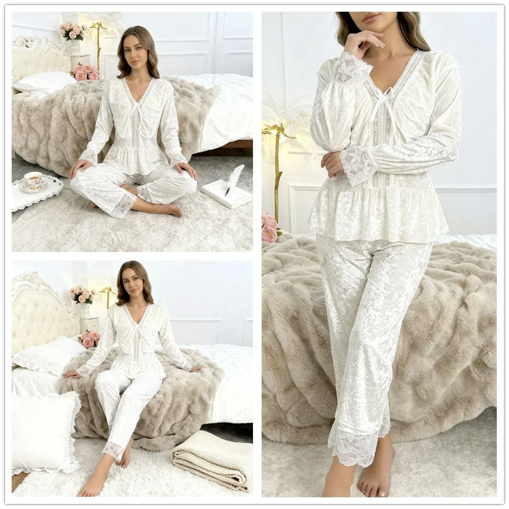 White Velvet Female 2PCS Pajamas Loungewear Velour Long Sleeve Pullover Trouser Pijamas Suit Autumn Winter Sleepwear Homewear