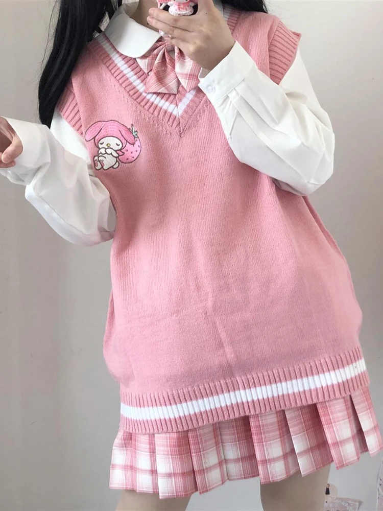 Pull d\'école Kawaii GlaCartoon pour femme, gilet, doux, mignon, style preppy, pull à col en V, broderie japonaise, Lolita, 2024