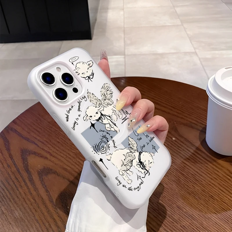 เคสโทรศัพท์ลายการ์ตูนแกะน้อยน่ารักเรียบง่ายทันสมัยพร้อมปีกแม่เหล็ก สำหรับ iPhone 16 15 14 13 12 11 PROMAX