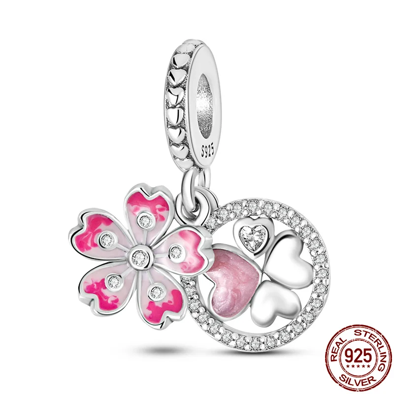 100% 925 Silver Pink Peach Blossom Sakura Flowers Bouquet Pendant Sweet Love Beads Fit Original Pandora Charms Bracelet Jewelry