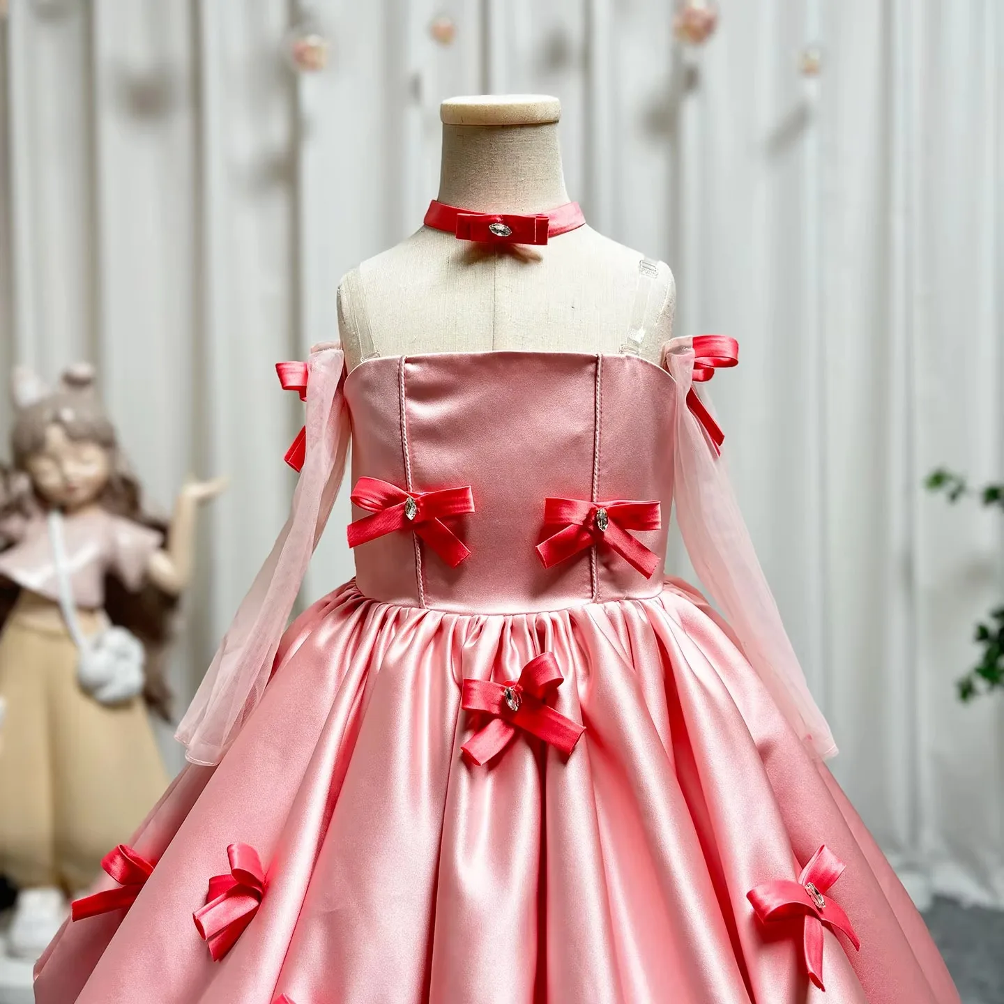 Jill Wish J100 Elegant Pink Arabic Flower Girl Dresses with Glove Dubai Backless for Kids Wedding Birthday Holiday Party Gown