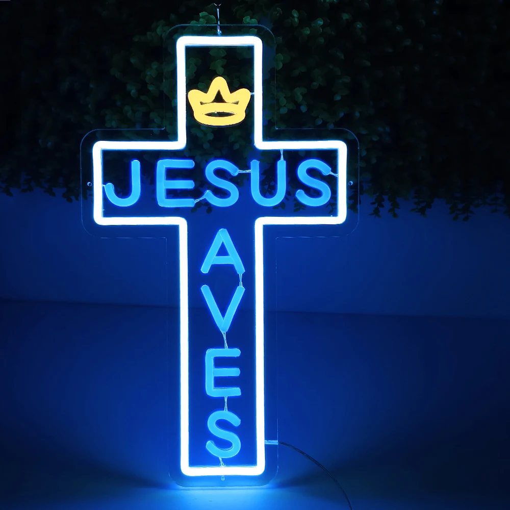 

Custom Jesus Cross Blue Neon Sign LED Cross Shaped For Beer Bar Handmade Real Glass Decorate Home Wall Room Decor