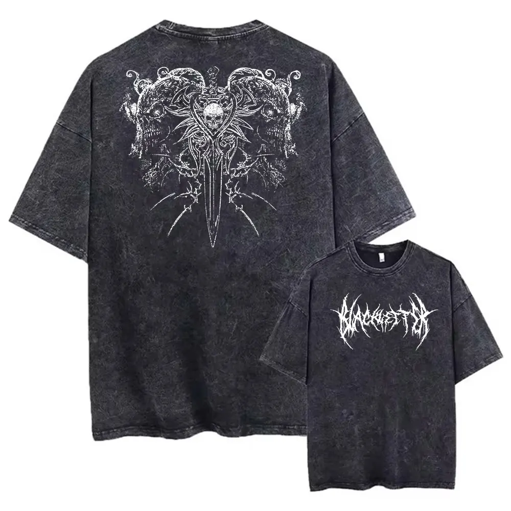 Gothic Skull Sword Print T‑shirt Unisex Short Sleeve Casual Street Tee Men Women Blackmetal Dark Grunge Washed Aesthetic Tops