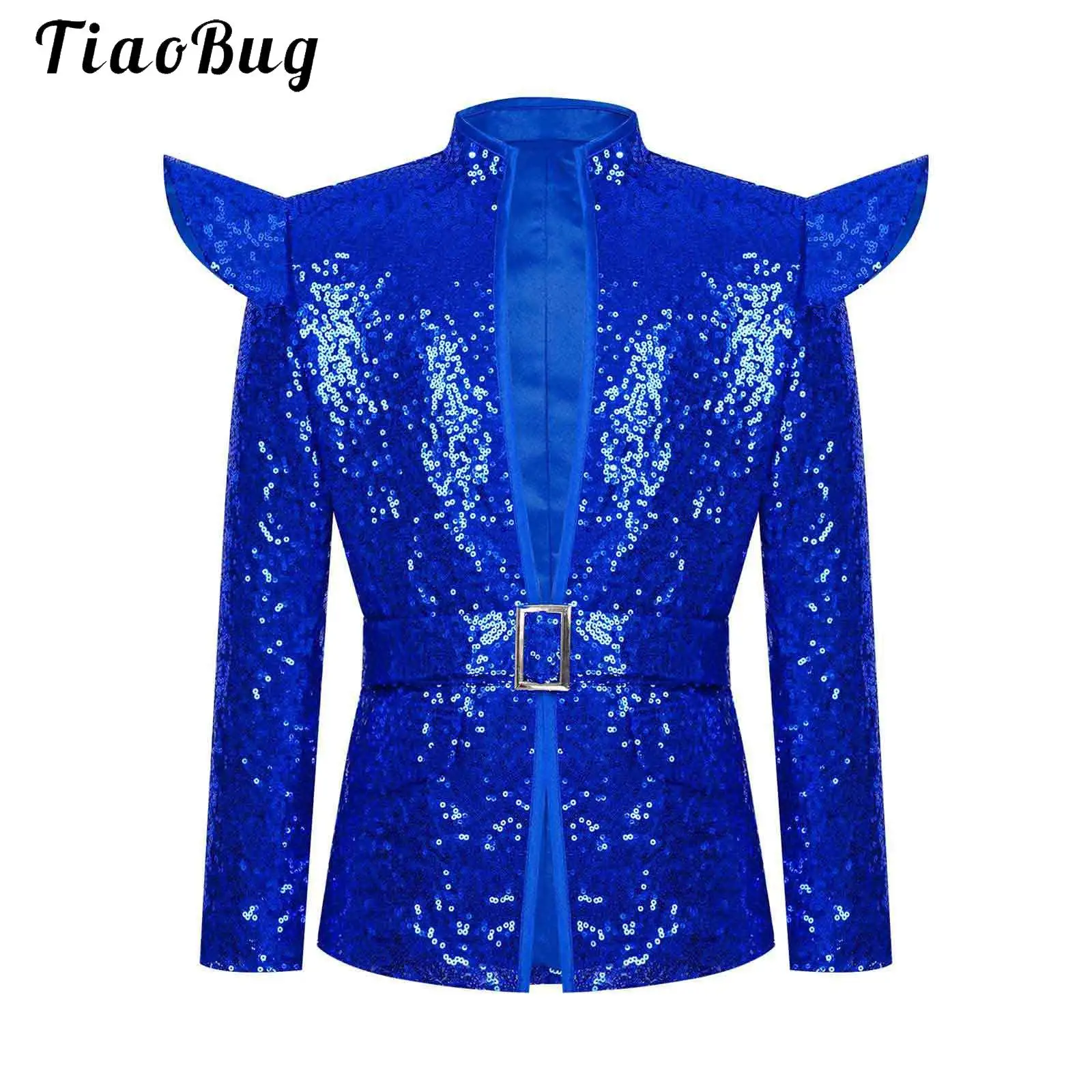 Kids Boys Glittery Sequin Dance Oytwear Long Sleeve Shoulder Pad Blazer Jacket Stand Collar Coat with Belt